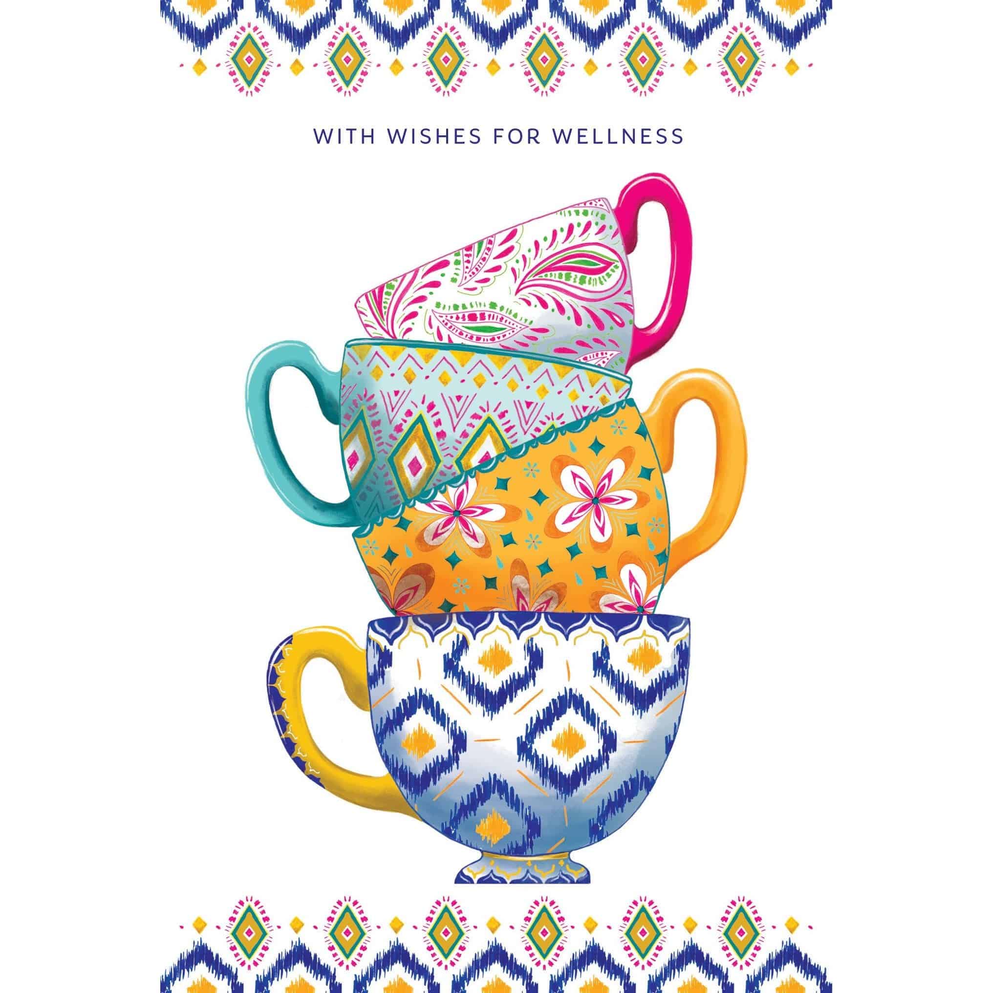 Stack of Pictura Get Well Teacup Cards featuring a cheerful design, perfect for sending warm wishes and well-being messages.